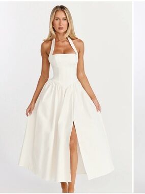 Showpo White Halter Midi Dress with Front Slit